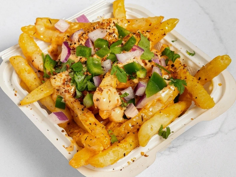 Chicken pakoda and masala fries Indian snacks at Calzone Corner Calgary NE